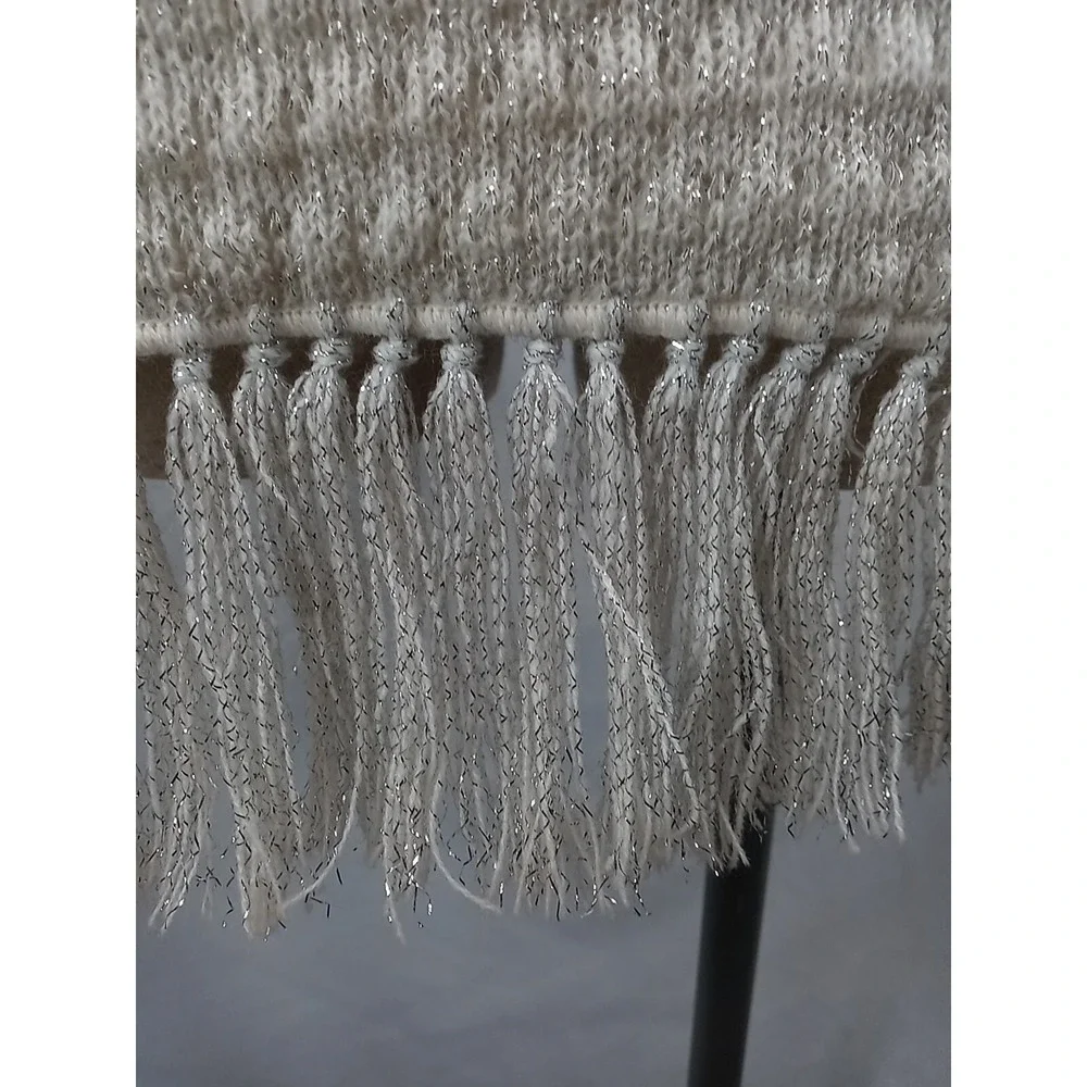 Vintage Fringed Scarf Ivory Cream Color & Silver‎ Sparkles Shawl Women's Wrap